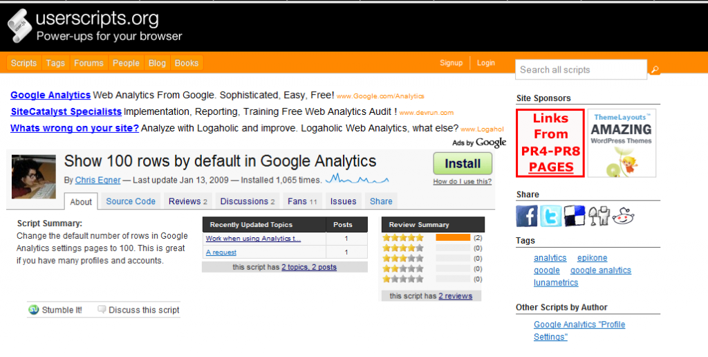 Screen shot of userscript fo Google Analytics increase default rows 